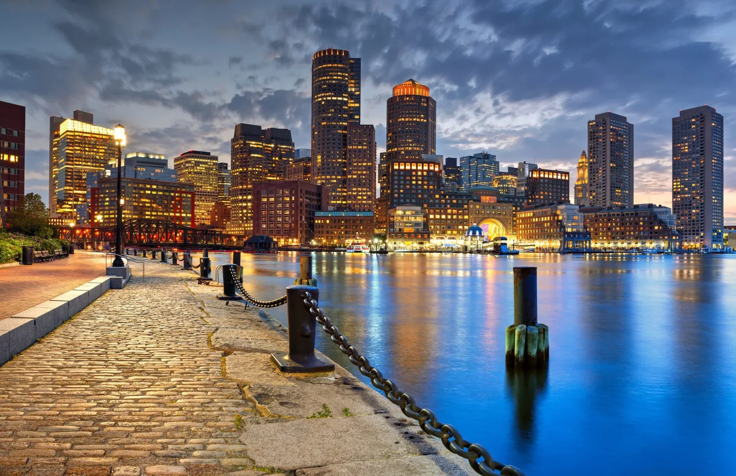 Large panoramic view of Boston skyline at night