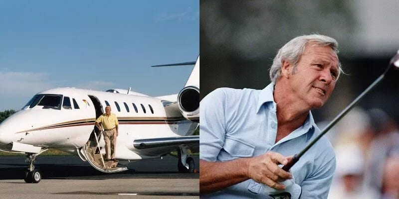 Adjacent images of Arnold Palmer exhibiting his legendary golf skills and his distinguished private Citation X, signifying the bond between golf icons and the world of high-end aviation