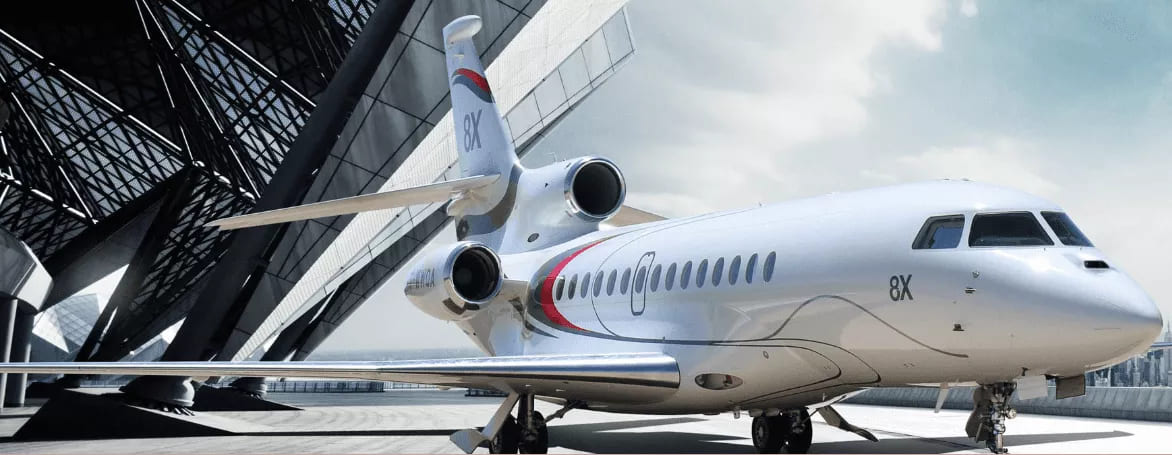 Falcon 8X: A sleek, long-range private jet, offering unmatched comfort, efficiency, and style for discerning travelers