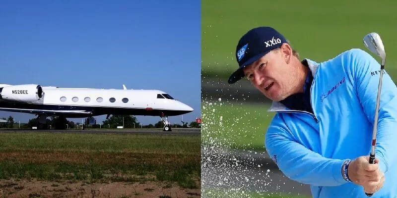 Adjacent images capturing Ernie Els' mastery on the golf course and his opulent private Gulfstream IV, symbolizing the harmony between professional golf and exclusive aviation