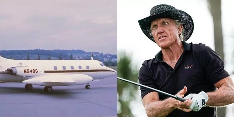 Greg Norman, the legendary golfer known as the 'Great White Shark,' standing beside his classic Lockheed Jetstar, a symbol of the affinity between golf success and exclusive aviation