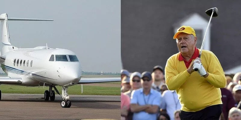 Paired images highlighting Jack Nicklaus' golf prowess and his lavish private Gulfstream III, exemplifying the connection between golf legends and prestigious aviation