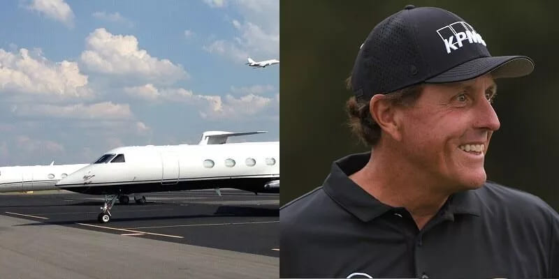 Side-by-side images of Phil Mickelson on the golf course and his sleek Gulfstream V, emphasizing the link between premier golf performance and high-end aviation
