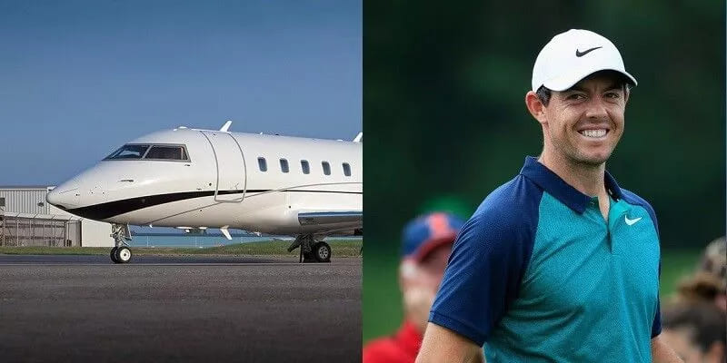 Complementary images featuring Rory McIlroy's skillful golf techniques and his luxurious private Challenger 605, demonstrating the affinity between golf success and refined air travel