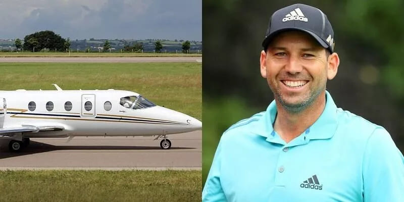 Side-by-side images of Sergio Garcia showcasing his golf expertise and his upscale private Hawker 4000, representing the relationship between golf achievement and elite aviation experiences