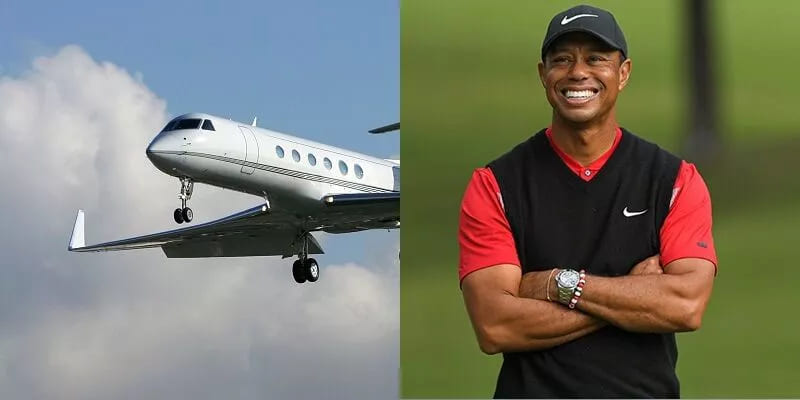 Side-by-side images featuring Tiger Woods posing on the golf course and his impressive Private Gulfstream G550, highlighting the connection between top-tier golf and luxury aviation