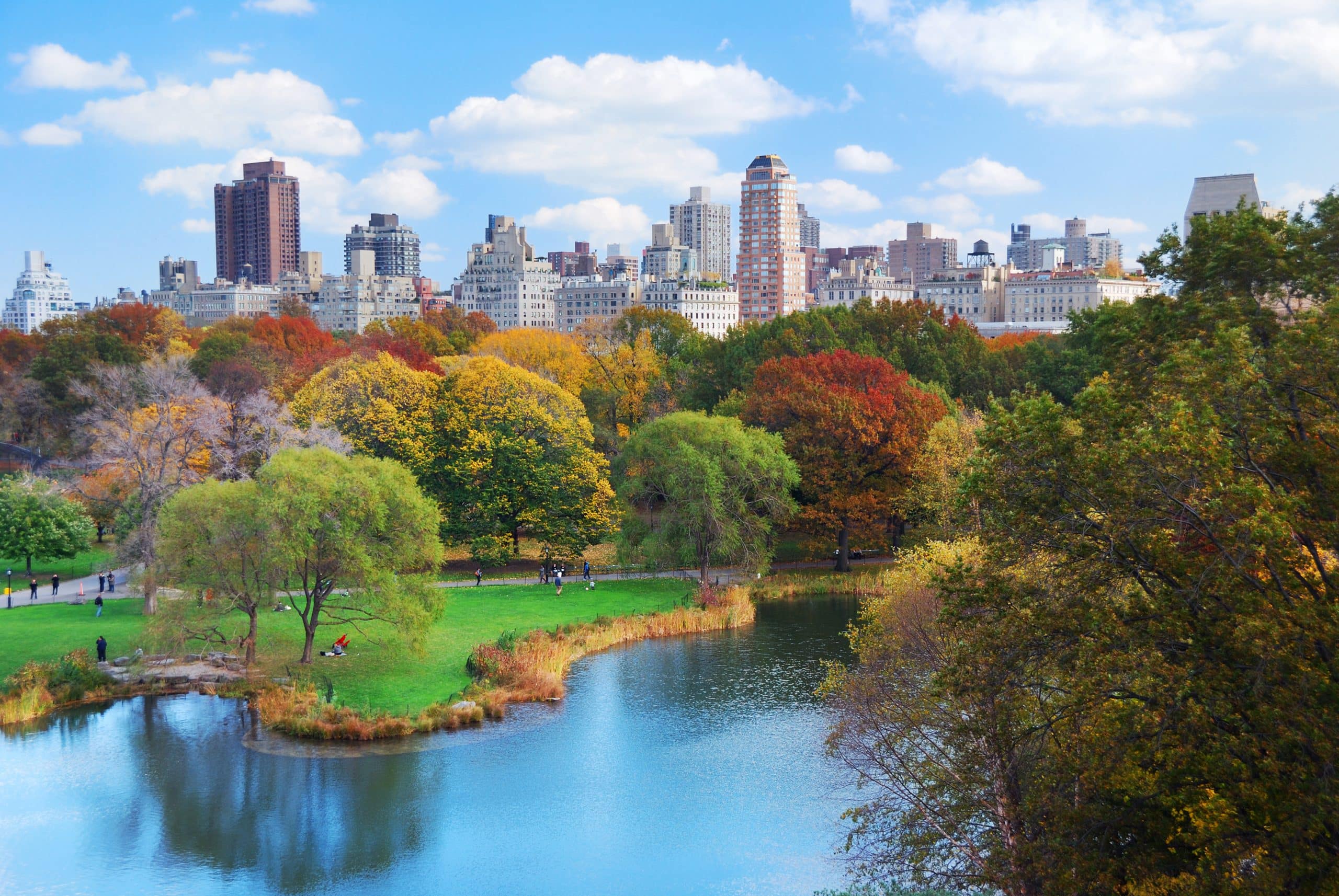 Aerial view of Central Park with lake in the middle