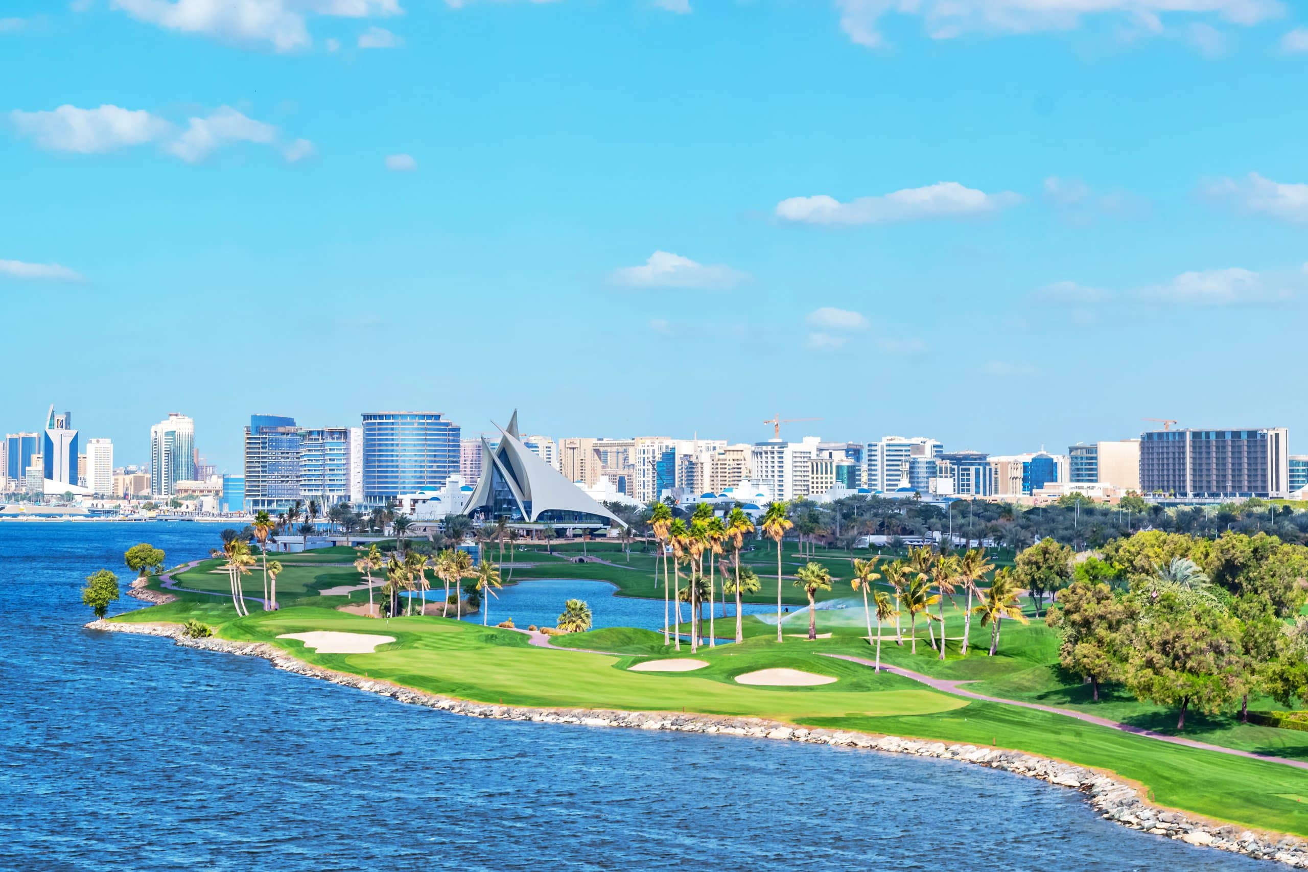 Dubai Golf and Yacht club with its green and lush golfcourse at the Dubai Creek.