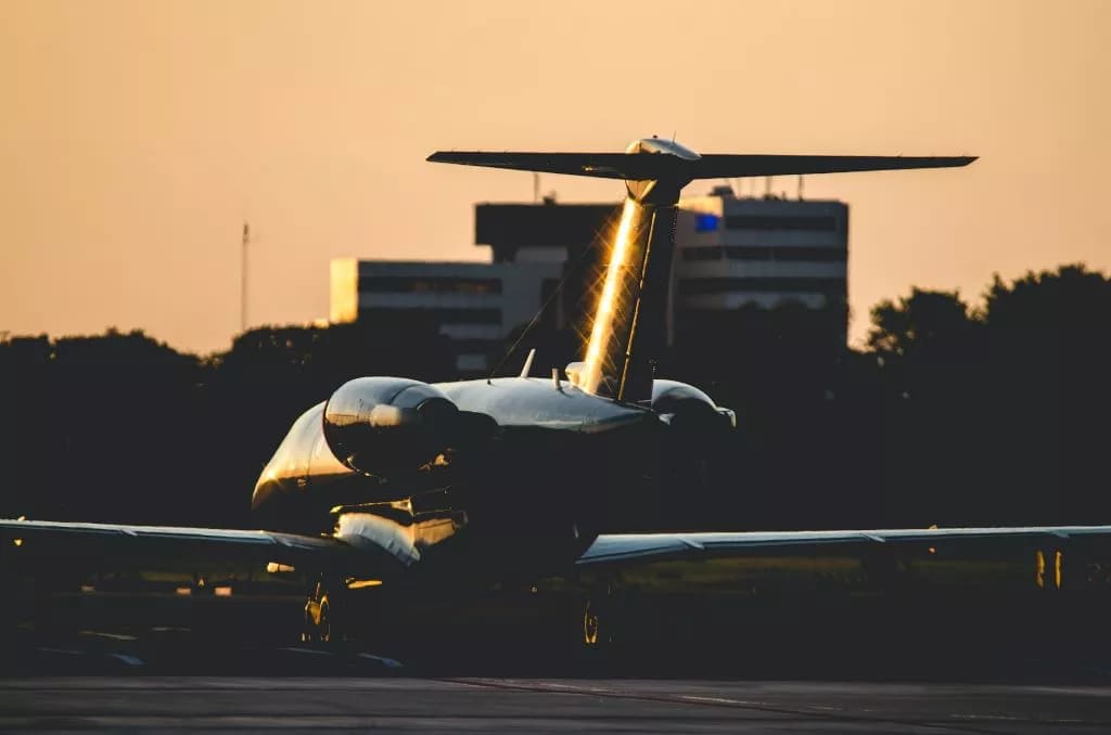 A Private Jet ready to depart at sunset