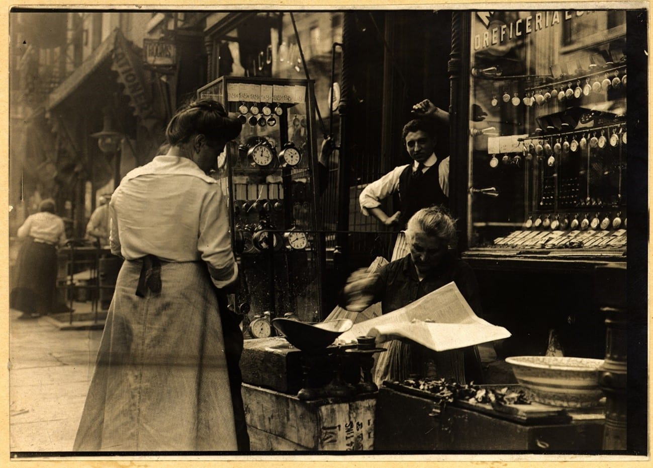 An old photo of a watch shop