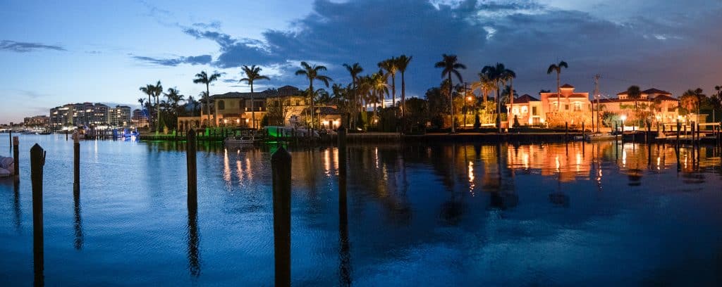 Lake Boca Raton and city skyline with reflections at sunset. Fly private to Boca Raton.