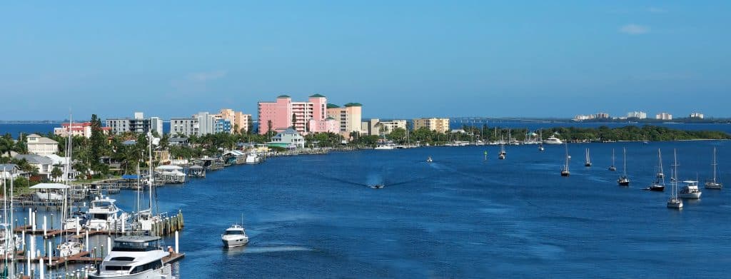Fort Myers Beach skyline and the Mantanza Pass waterway. Fly Private to Fort Myers.