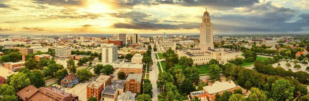Aerial panorama of Lincoln, Nebraska. Fly Private Jet.