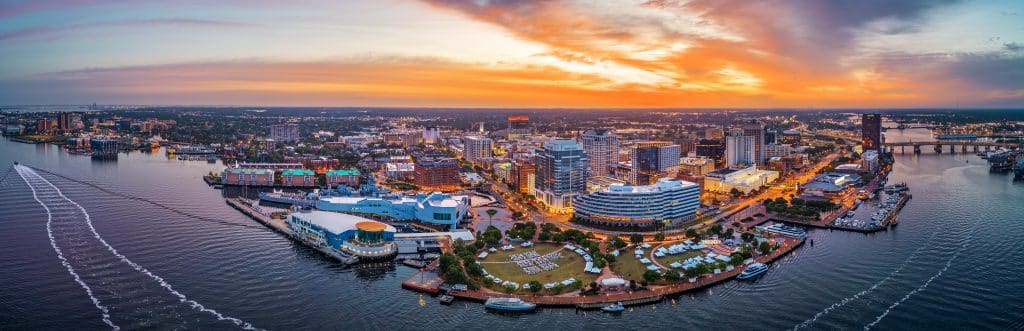 Downtown city skyline from over the Elizabeth River, Norfolk, Virginia, USA