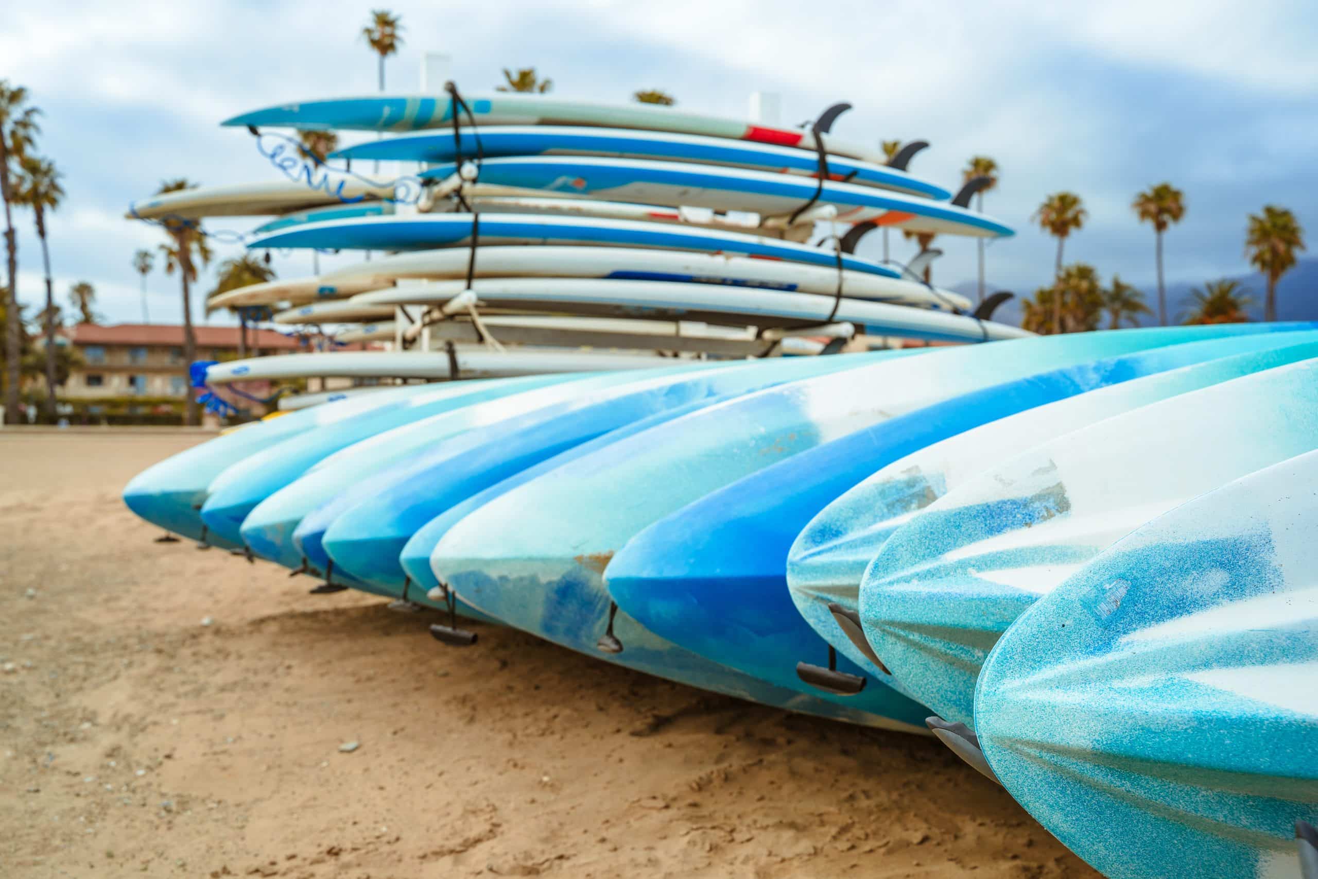 Surfboards on the beach Santa Barbara, California, USA