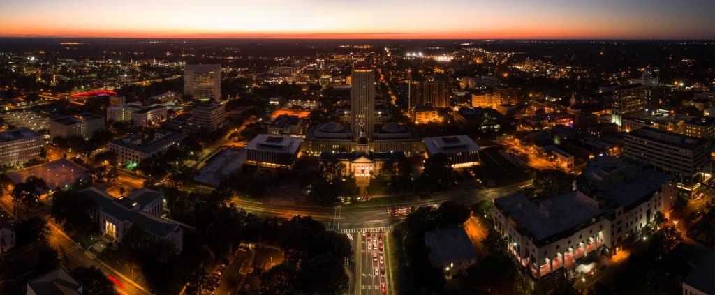 Night panorama Tallahassee State Capitol Florida. Fly Private Jet.