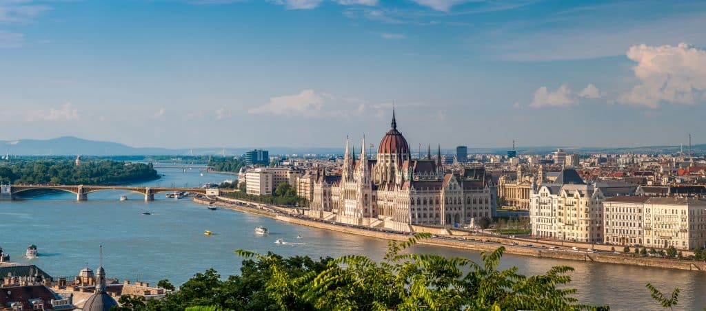 Panorama view at the parliament with Danube river in Budapest. Fly Private Jet.
