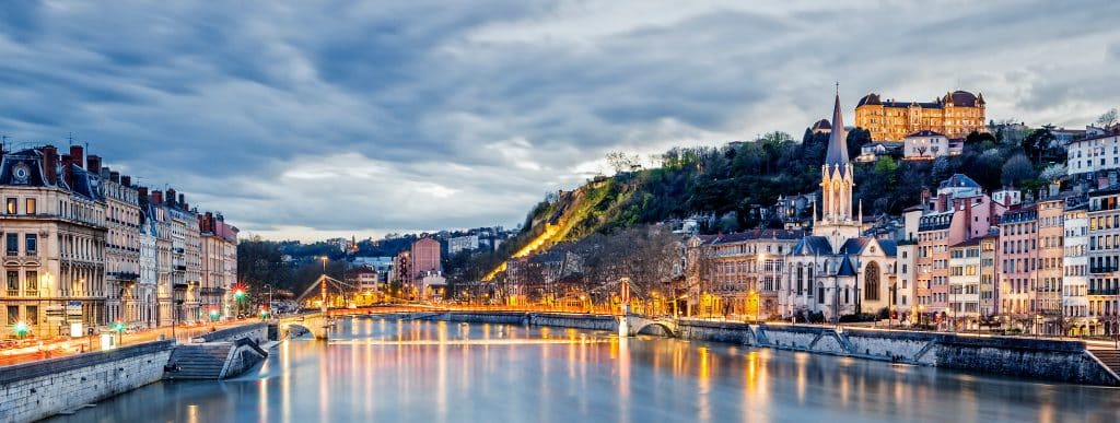 Saone river in Lyon city at evening, France. Lyon private jet charter