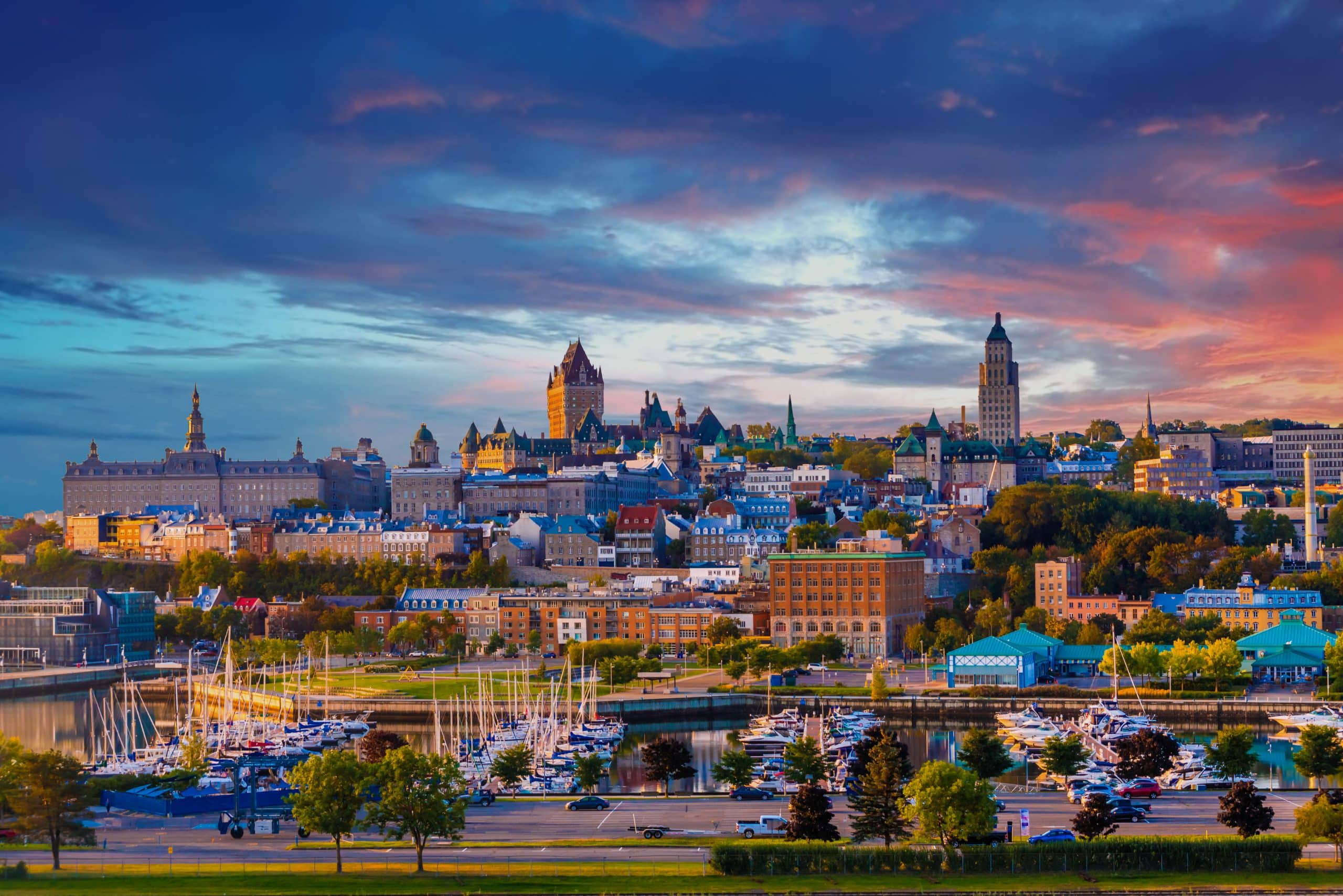 Quebec city marina and Frontenac hotel view