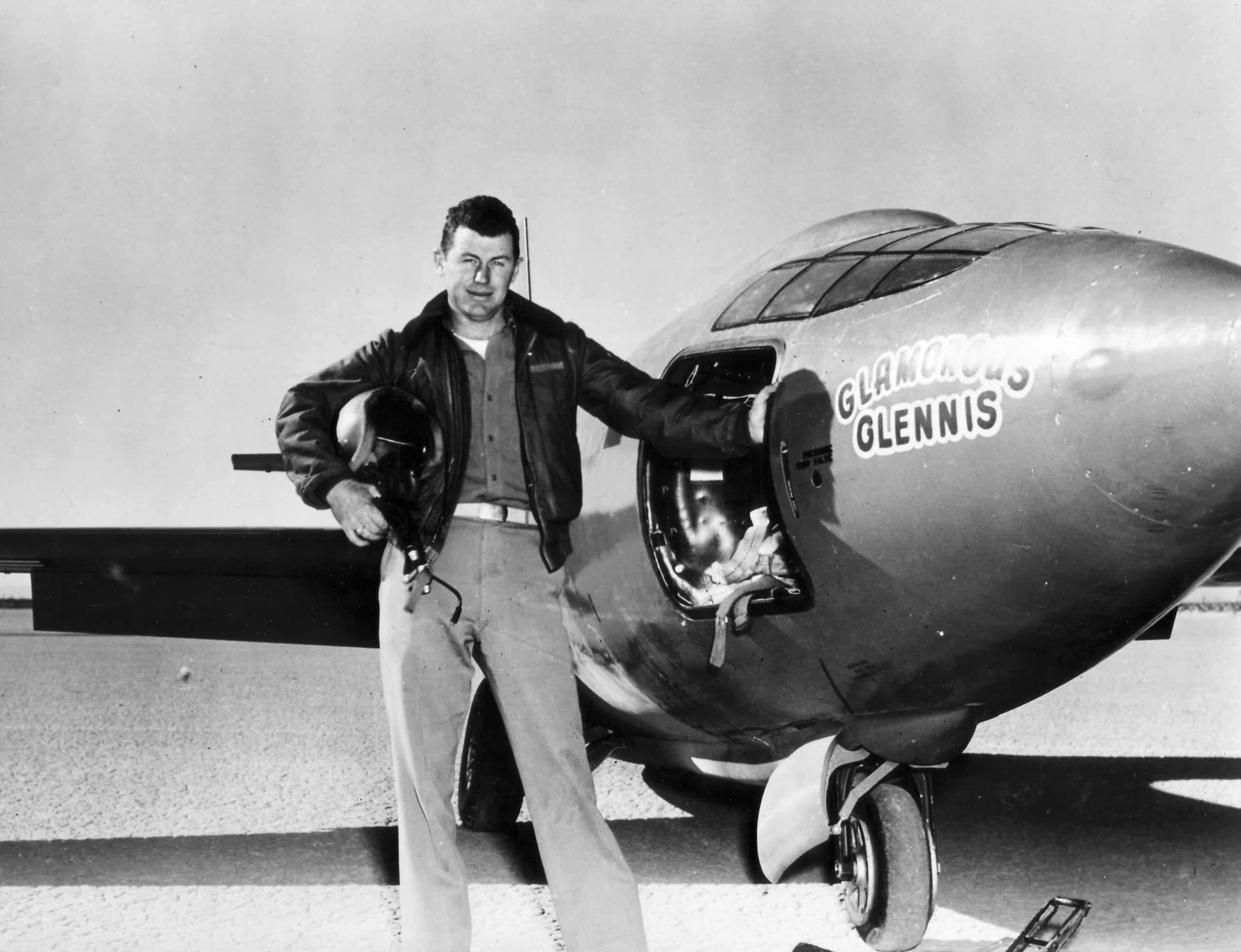 Capt. Chuck Yeager next to Air Force's Bell-built X-1 supersonic research aircraft, October 14, 1947.
