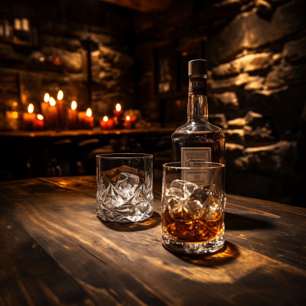 Wooden Table, Bottle of Whisky and Two Glasses with Ice