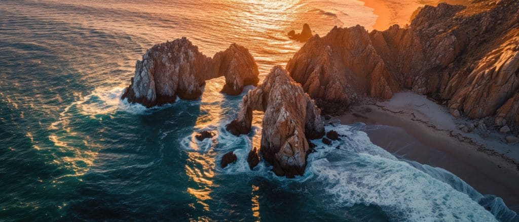 Sunset aerial photo reef of the Cabo San Lucas Arch California Sur. fly Private to Cabo San Lucas.