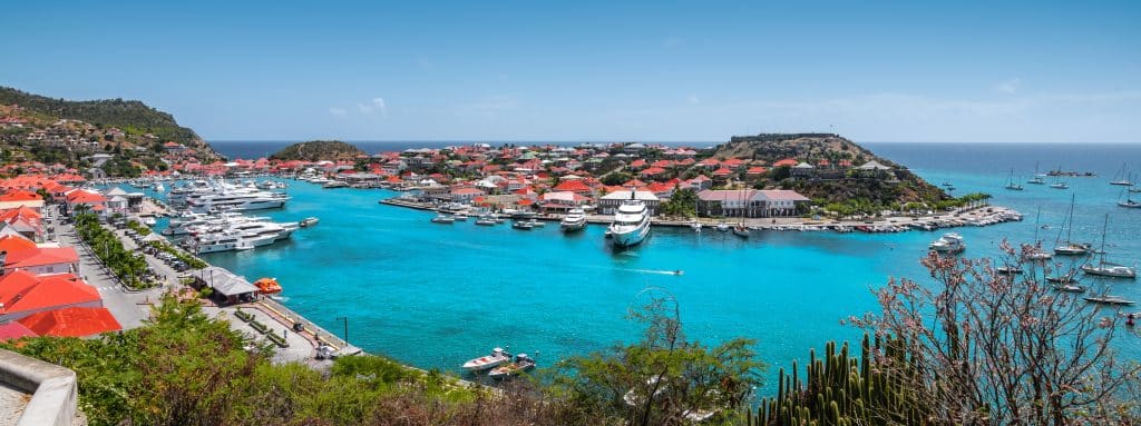 Panoramic harbor view of Gustavia. Fly Private to Gustavia.