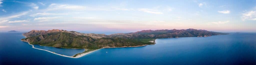 Aerial panoramic views of isla San Jose, Baja California Sur, Mexico.