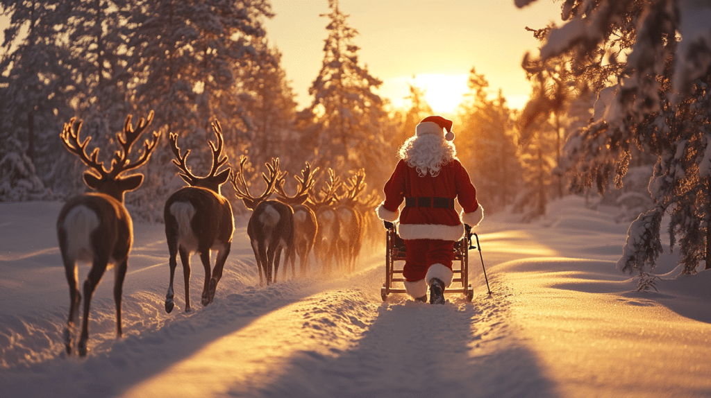 Lapland Sunset, Raindeer and Santa Walk Alongside Each Other Towards the Sunset, Snow, Snow-covered Trees