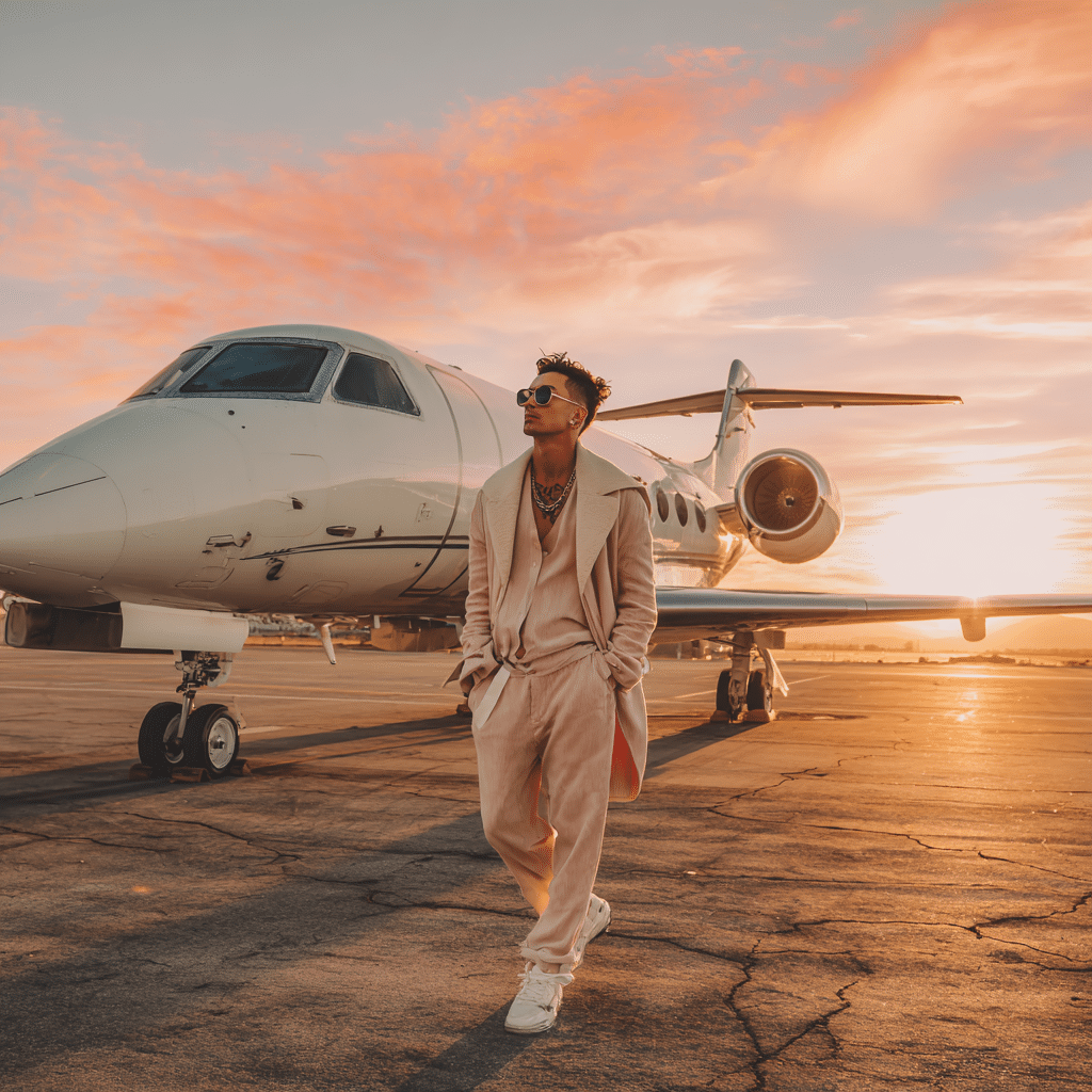 Male Influencer Posing on the Tarmac Next to a Private Jet